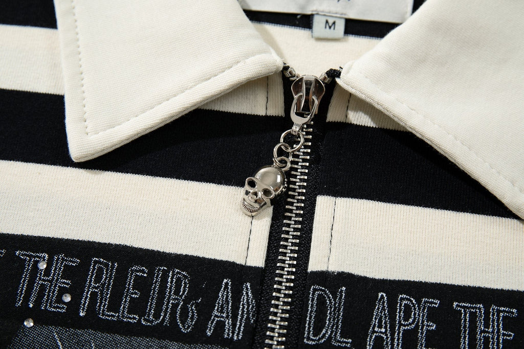 MAJESTIK Skull Graphic Striped Zip-Collar T-Shirt