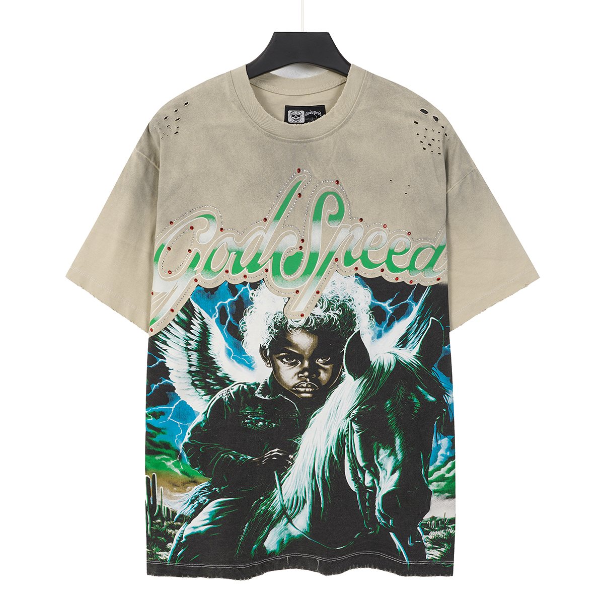 Godspeed Distressed Rhinestone Short-Sleeve Graphic T-Shirt