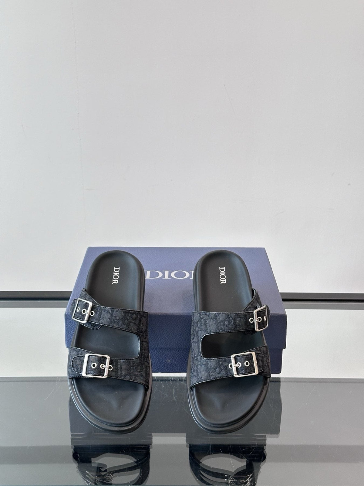 Dior Men's Buckle Strap Slide Sandals - Black and Charcoal Gray