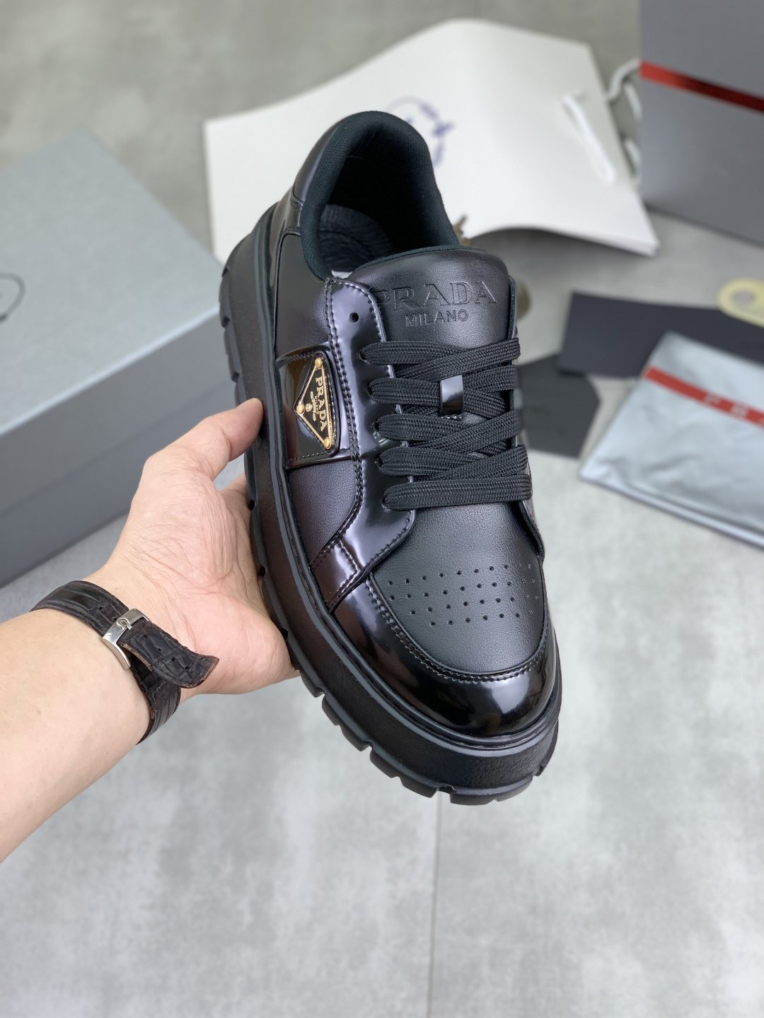 Prada Paneled Lug-Sole Low-Top Sneakers